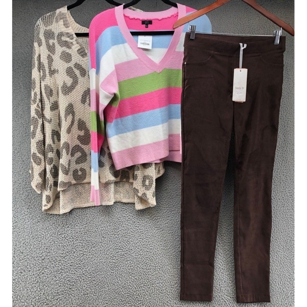 Mud Pie Leopard Sweater Debut Striped Sweater Suzy D Suede Leggings Lot Womens L